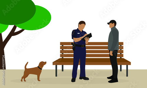 Policeman in uniform, male character and dog outdoors