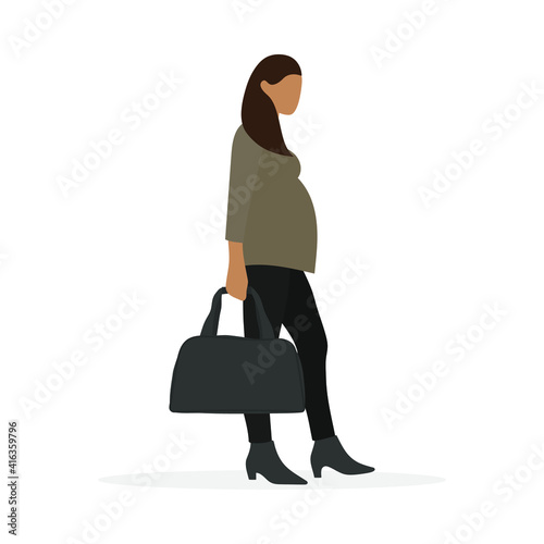 Pregnant female character with a sports bag in hand stands on a white background