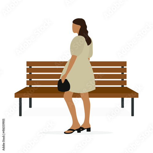 A female character in a beautiful dress, holding a handbag while standing near a wooden bench