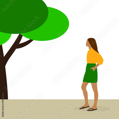Female character in summer clothes stands near a tree on a white background