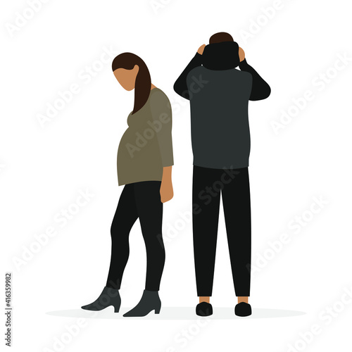 Pregnant female character walking away from male character on white background photo