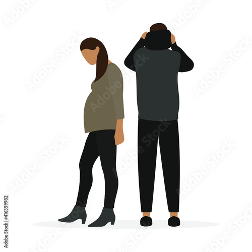 Pregnant female character walking away from male character on white background