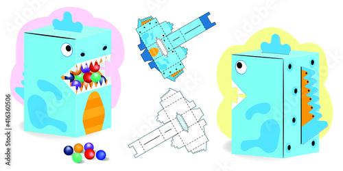 Dinosaur Shaped Gift Box Design for candy. Cardboard Die Cut not Glued, can be Opened and Closed Multiple Times. Pinata for Children's Crafts and Holiday. Three-Dimensional Laser Cutting Template