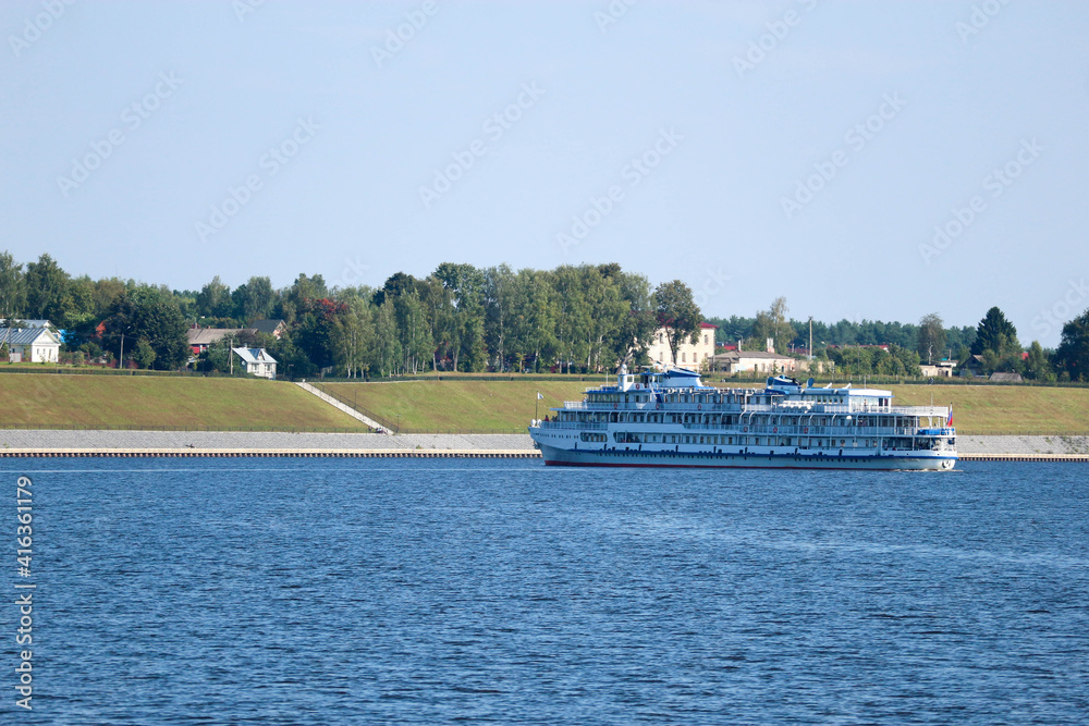 Summer view of old cruise ship on the river Volga, Russia