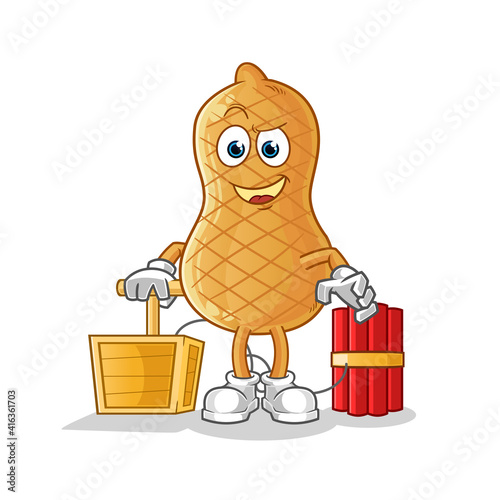 peanut holding dynamite detonator character. cartoon mascot vector