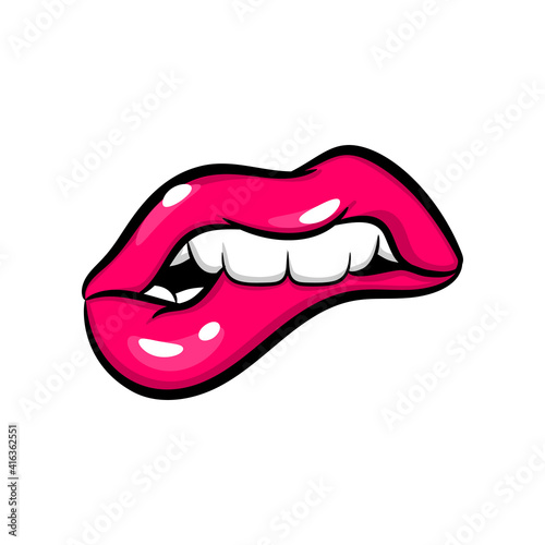 Swag dare pink red woman lips in pop art style isolated on white background. Cartoon girl make up vector illustration. Sexy pop art lips sticker with. Vintage cartoon pop art of girl pink lips.