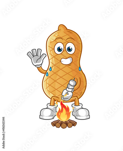 peanut roasting marshmallows character. cartoon mascot vector