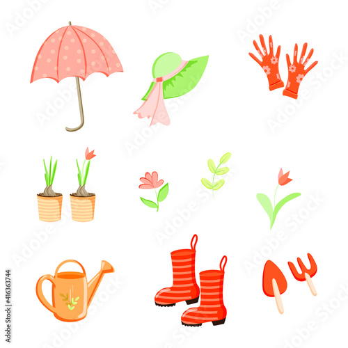 Isolated set on a white background. Garden supplies, flowers, an umbrella and a hat. Made in vector flat style. Garden. Spring. Summer. Suitable for specialized materials, posters and designs.