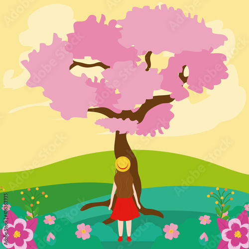 Spring landscape with pink tree and girl vector design