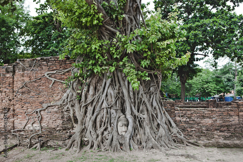 AYUTTHAYA, THAILAND - MAY 25, 2018: Buddha's Head entwined in the roots of a Tree in Wat Mahathat Temple in the Ayutthaya Historical Park in Ayutthaya (second capital of the Siamese Kingdom).  photo