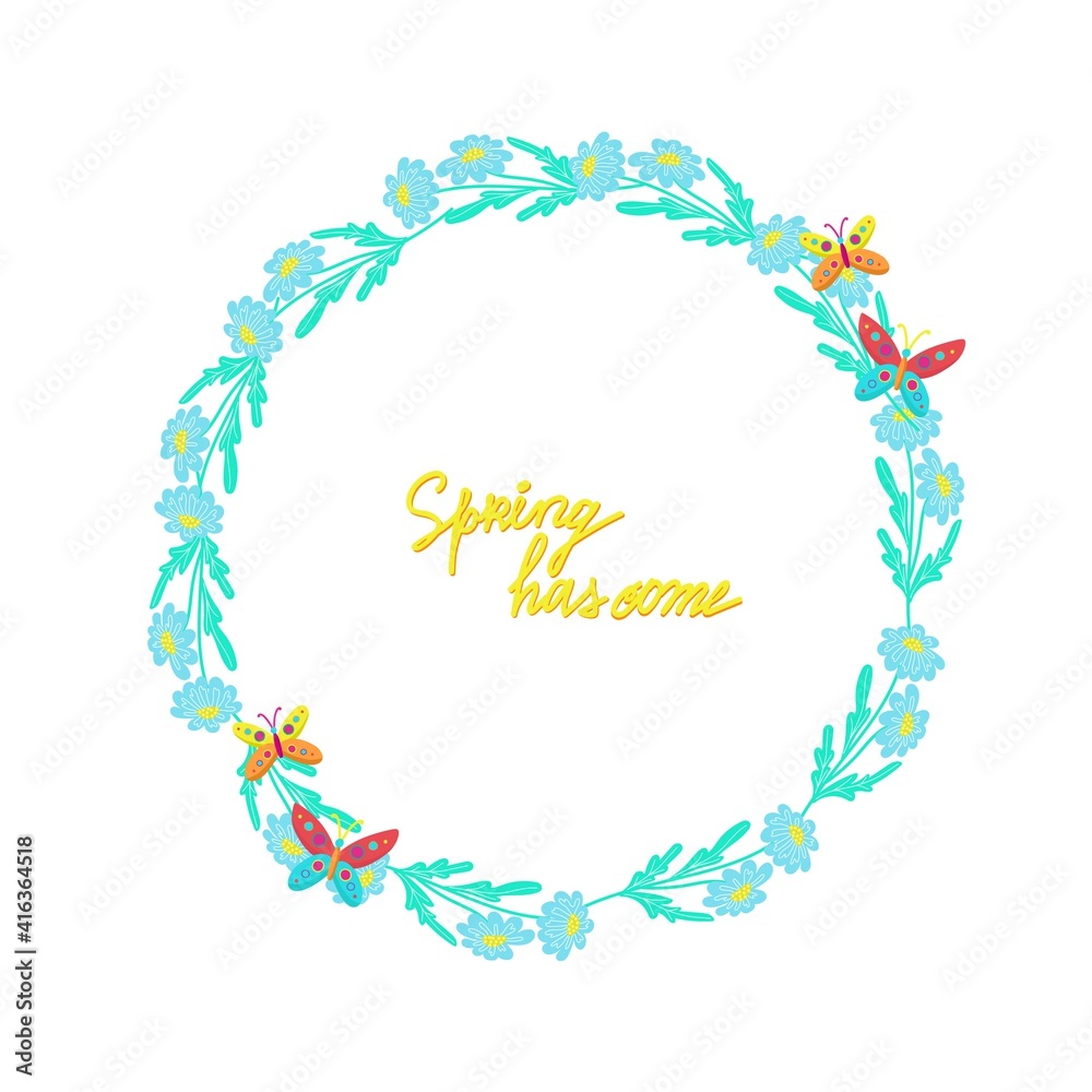 Round frame of daisies decorated with butterflies. Round frame of daisies decorated with butterflies.