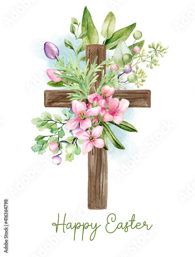 Easter christian cross with floral elements, easter decoration