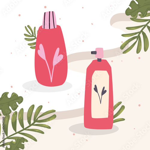 Cosmetic creams dispensers with leaves vector design