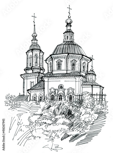 Illustration with the church. Freehand sketch drawing.