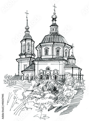 Quadro em tela Illustration with the church. Freehand sketch drawing.