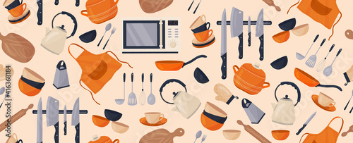 Vector seamless pattern with various kitchen accessories. Kitchen utensils. Pot, kettle, knives, plates, cups...