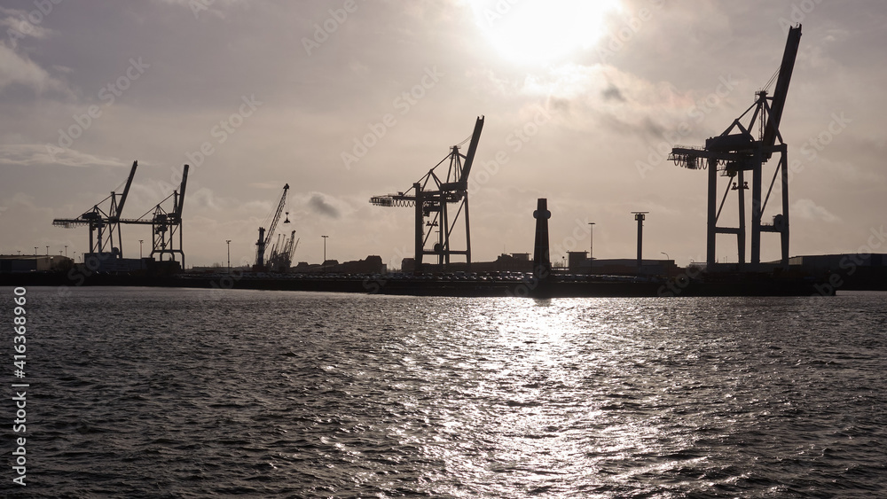 Silhouette von Portalkränen im Hamburger Hafen