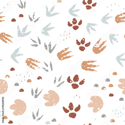 Dinosaur footprints seamless pattern. Background with dino feet steps traces. Jurassic animals path. Vector illustration