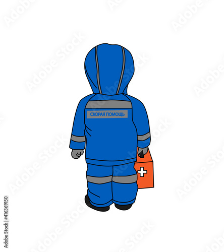 Vector illustration of an ambulance doctor in a blue uniform with the inscription in Russian "ambulance".The doctor holds a medical case in his hand. The concept of medical care or emergency care.