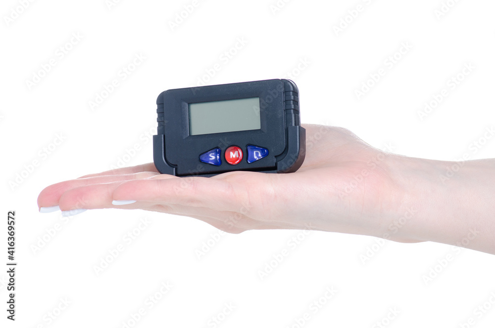 car electronic clock in hand on white background isolation car electronic clock in hand on white background isolation