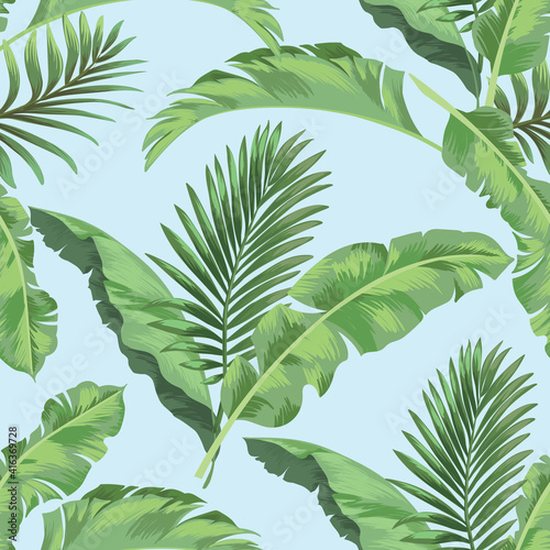 Fototapeta Naklejka Na Ścianę i Meble -  Tropical seamless vector pattern with palm leaves. Jungle summer illustration.