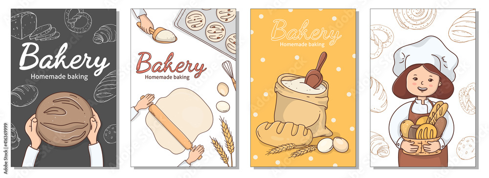 Collection of posters for the bakery. A woman baker with a basket of bread, hands with bread and baking ingredients. Colorful vector illustration.