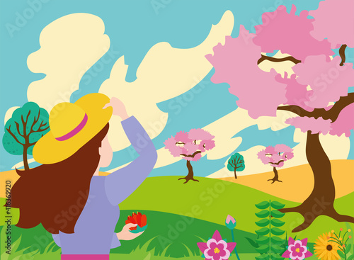 Spring landscape with pink tree girl and flowers vector design