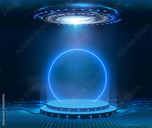 Fantastic modern futuristic neon blue circle, portal in smoke. Stage for product light platform. Circle vector HUD, GUI, UI interface screen design. Magic circle teleport podium. Sci-fi digital hi-tec