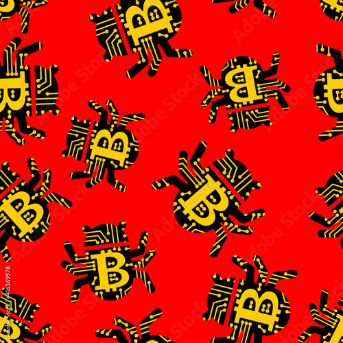Bitcoin virus bug pattern seamless. Digital currency computer virus background.