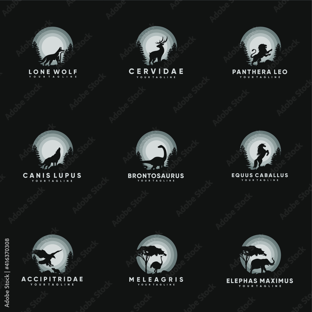 Badges Animal Silhouette Vector Illustration Logo Designs, Sunrise and sunset. Landscape wallpaper. Illustration vector style. Colorful view background