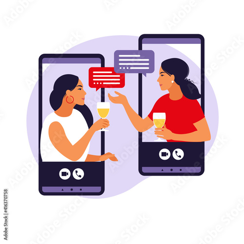 Virtual friendships concept. Women in virtual party. Wine party on self isolation in coronavirus pandemic. Vector.