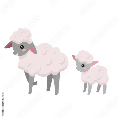 Cute children's illustration with animals that live on the farm - cow and lamb in cartoon style. 
Isolated on white background vector image. Good for web site, children's art book. 