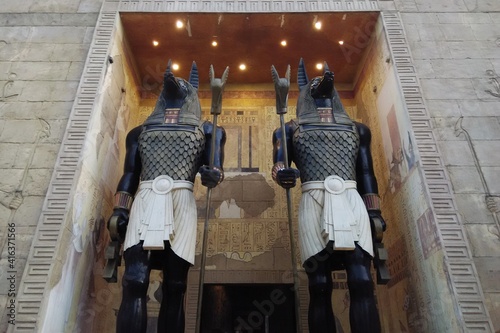 Low angle view of giant and tall replica of Egyptian god statue of Anubis