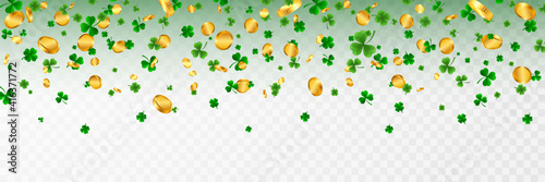 Saint Patrick's Day Border with Green Four and Tree Leaf Clovers and gold coins on White Background. Irish Lucky and success symbols. Vector illustration