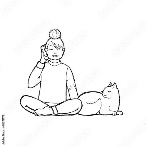 Girl working from home or remotely in house with phone and cat. Hand drawing sketch can be used in greeting cards, posters, flyers, banners, logos, web design, etc. Vector illustration. EPS10