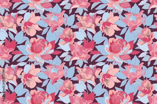 Vector floral seamless pattern. Pink roses and blue leaves isolated on a vinous background. For decorative design of any surfaces.