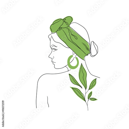 Hand drawn abstract beautiful girl profile. Trend line illustration. Human design for poster, print or logo. Сolorful portrait of a young woman.