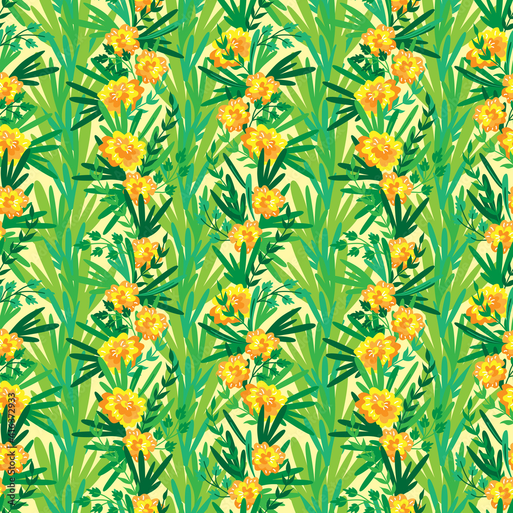 Green floral seamless pattern. Summer background with flowers and leaves for textiles, wallpaper