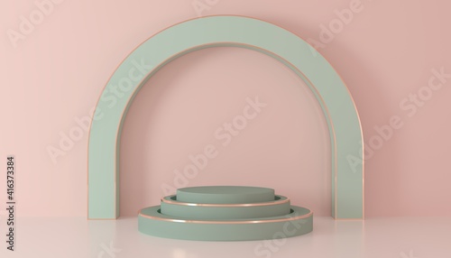 green podium arch with gold accents against the background of a pink wall and floor