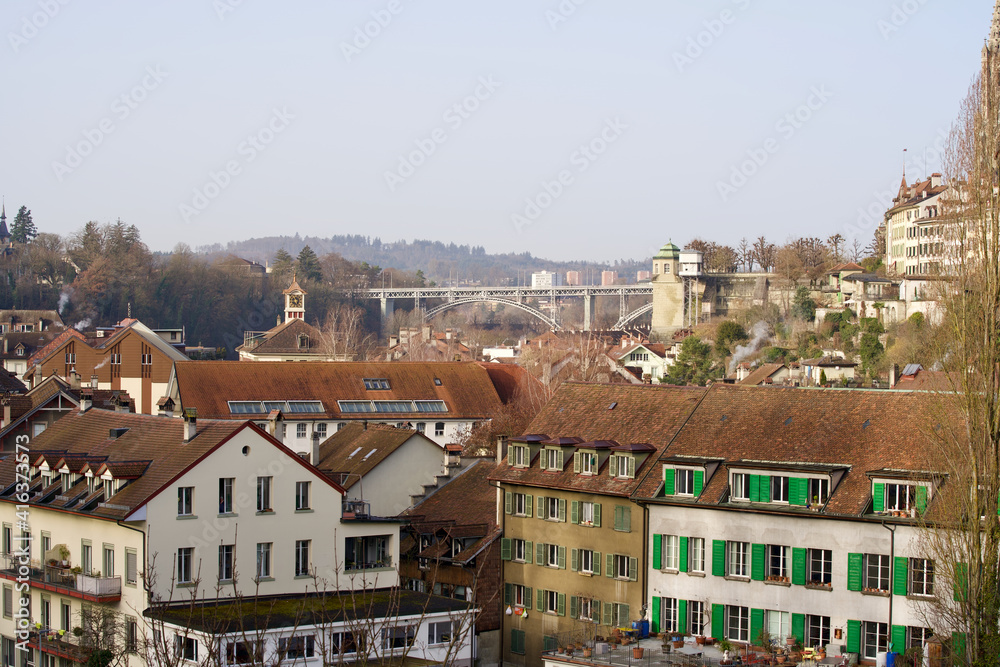 Old town of Bern, capital of Switzerland, with bridge Kirchenfeld (German). Photo taken February 24th, 2021, Bern, Switzerland.