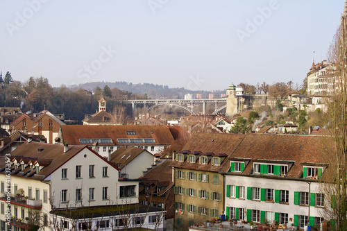 Old town of Bern, capital of Switzerland, with bridge Kirchenfeld (German). Photo taken February 24th, 2021, Bern, Switzerland.