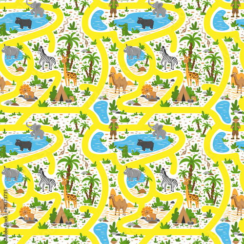 Wild animals for kids. Seamless pattern with african animals. Template for wallpaper, wrapping paper, decorations