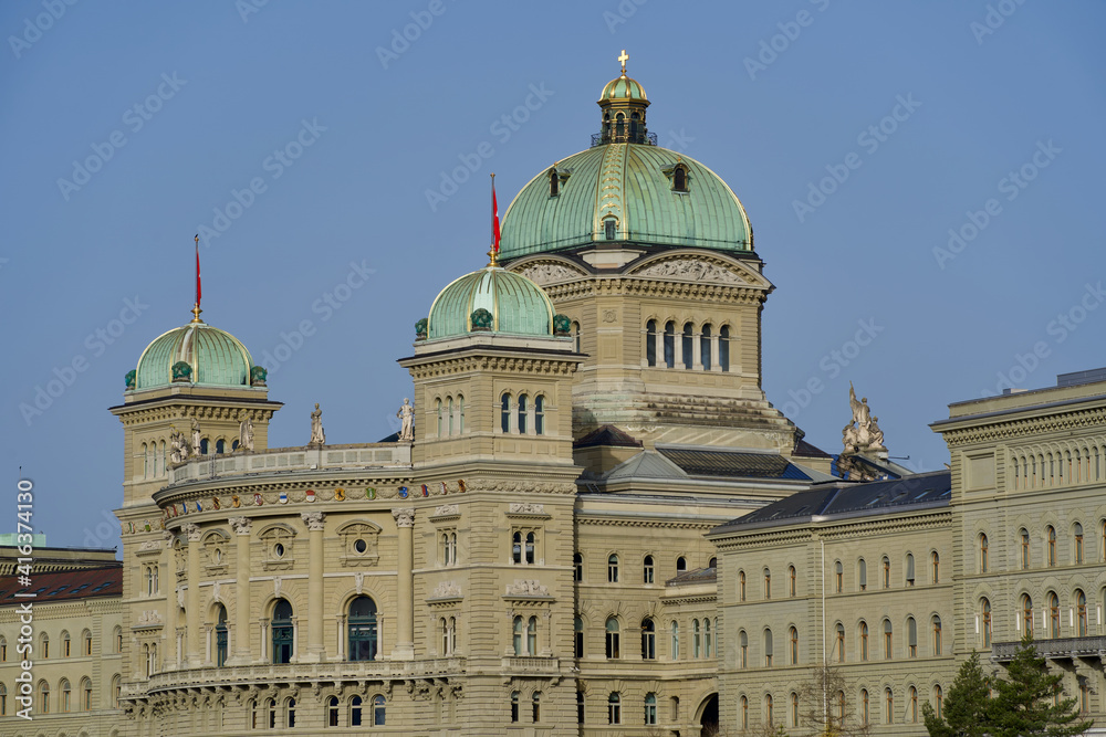 Federal Palace of Switzerland (German Bundeshaus) , residence of national Swiss government and parliament. Photo taken February 14th, 2021, Bern, Switzerland.