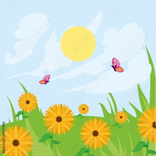 Spring landscape with flowers and butterflies vector design