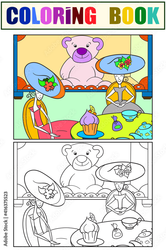 Puppet tea. Fantastic children. Set coloring book. Vector illustration.