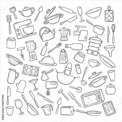 Large set of kitchen utensils in a hand-drawn sketch. Cooking tools in doodle style. Household appliances, utensils, glasses, saucepan, plates, cutlery.Vector illustration isolated on white background