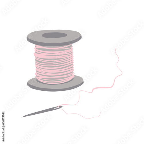 A spool of pink thread and a needle and thread. Doodle vector illustration