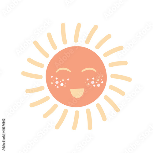 Cute hand drawn sun. Boho nursery doodle icon isolated on white background. Cartoon clipart for baby shower  greeting card  kids bedroom decor  birthday party  textile of apparel. Vector illustration