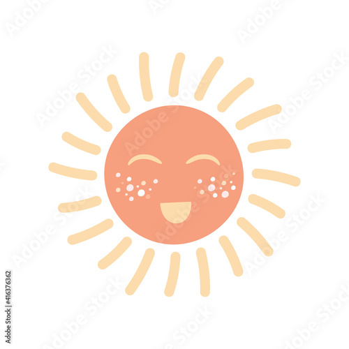 Cute hand drawn sun. Boho nursery doodle icon isolated on white background. Cartoon clipart for baby shower, greeting card, kids bedroom decor, birthday party, textile of apparel. Vector illustration