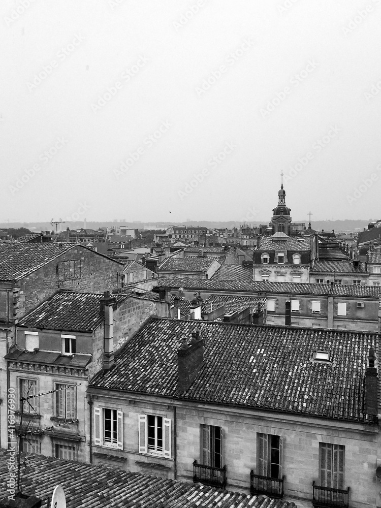 Dramatic Black and White Shot of Bordeaux Rooftops and Church Against a Grey Sky